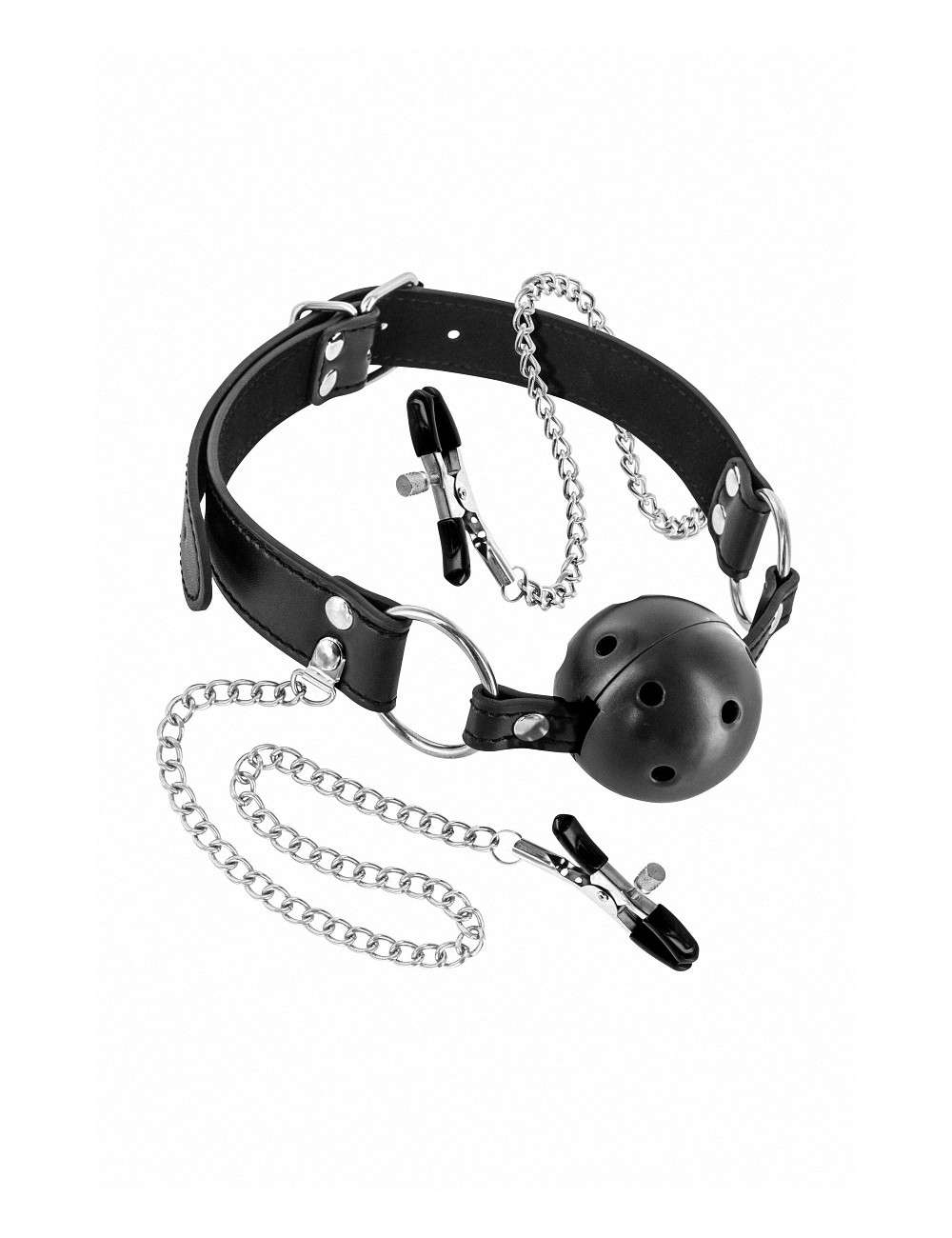 Bâillon boule rigide et pinces à seins