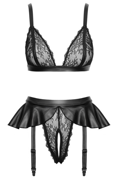 Soutien-gorge et slip fendu à jarretelles noir - Cottelli LINGERIE